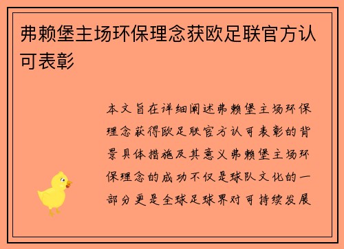弗赖堡主场环保理念获欧足联官方认可表彰